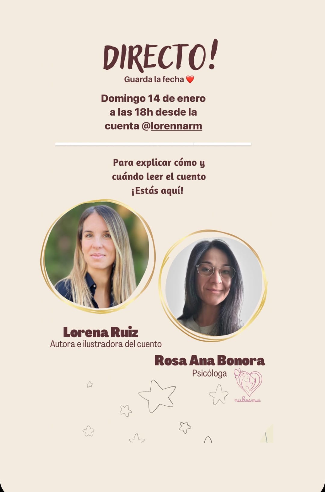 El domingo, 14 de enero de 2024, a las 18:00h, tendremos un Directo en Instagram para hablar del cuento de Lorena Ruiz ESTÁS AQUÍ!
Este cuento es una magnífica herramienta para empezar a hablar sobre el tema de la muerte a los niños/as y poder explicarles cómo recolocar emocionalmente a la persona fallecida.